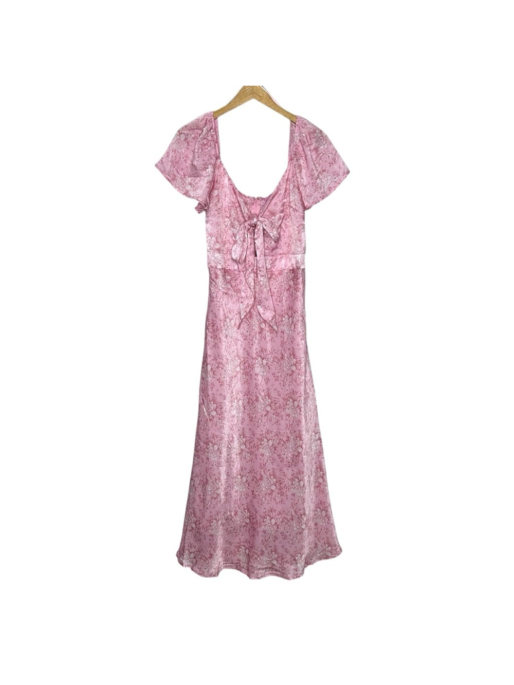 FRANCESCA'S Maria Pink Bow Tie Front Silky Floral Midi Dress Size Large - Picture 6 of 14